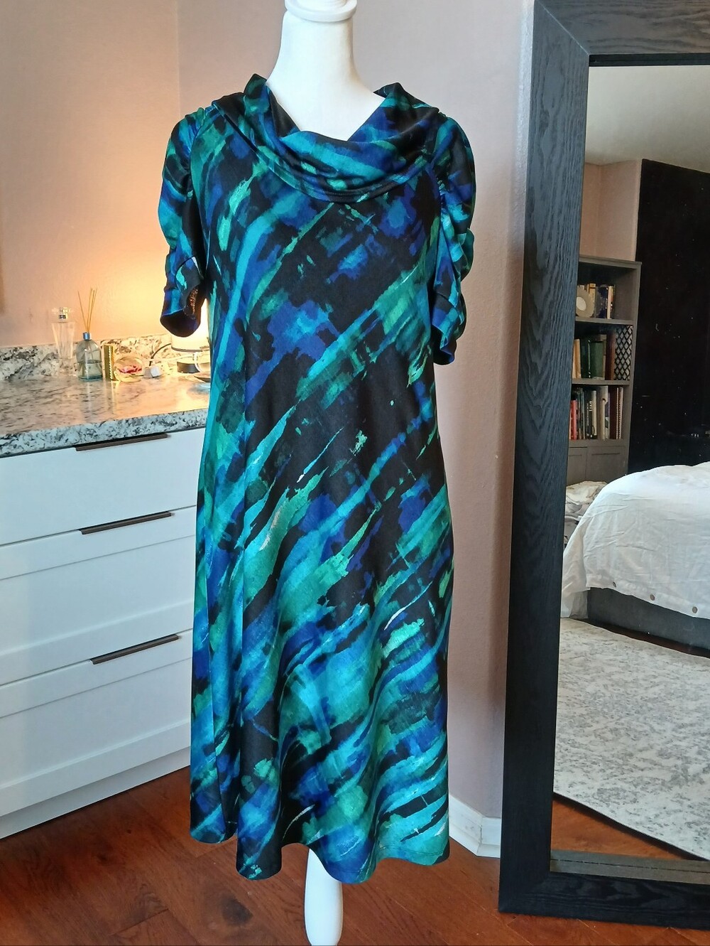 Signature Robbie Bee Dress Turquoise Black Green Cowl Neck Sz L MCM Inspired